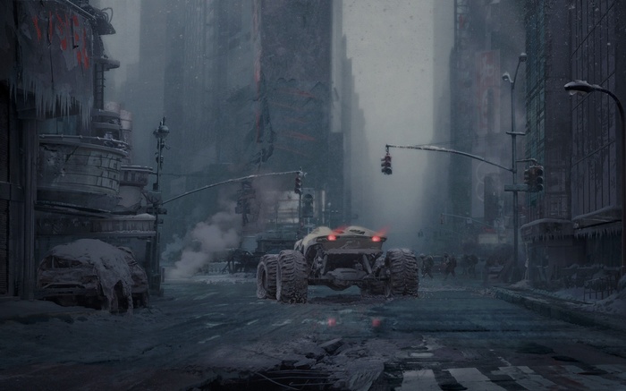 Apocalyptic Dystopian City with Vehicle and Figures