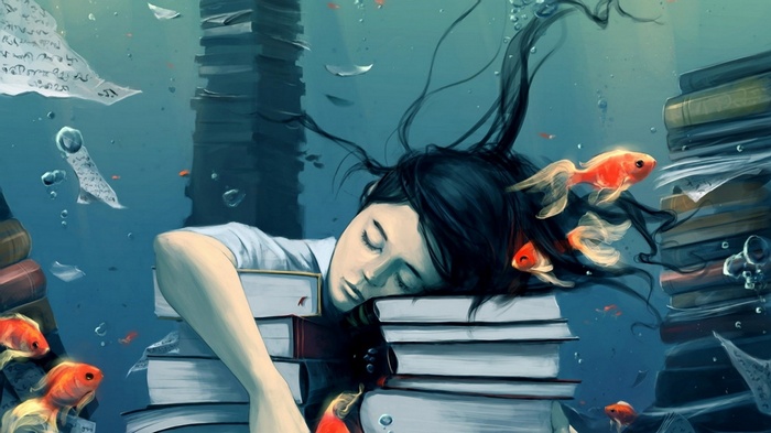 Fantasy art of a girl sleeping underwater with goldfish and books