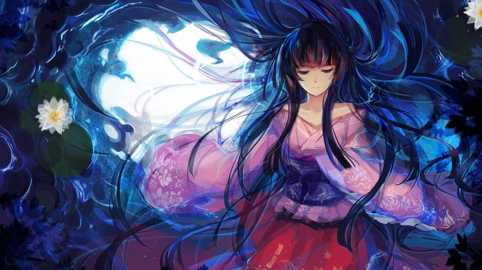 Houraisan Kaguya in a pink dress by water