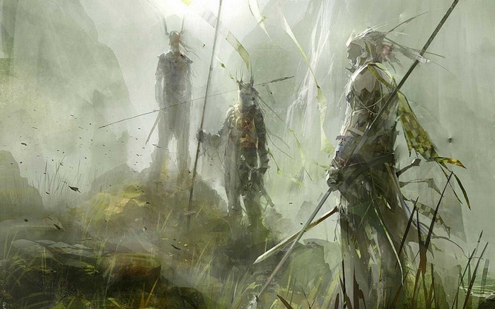 Fantasy warriors with spears in a misty landscape