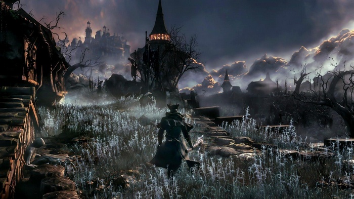 Bloodborne character walks through a misty, gothic landscape
