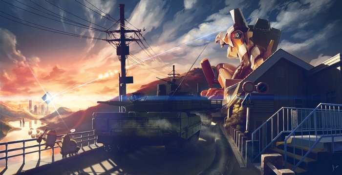 EVA Unit 00 and tank at sunset