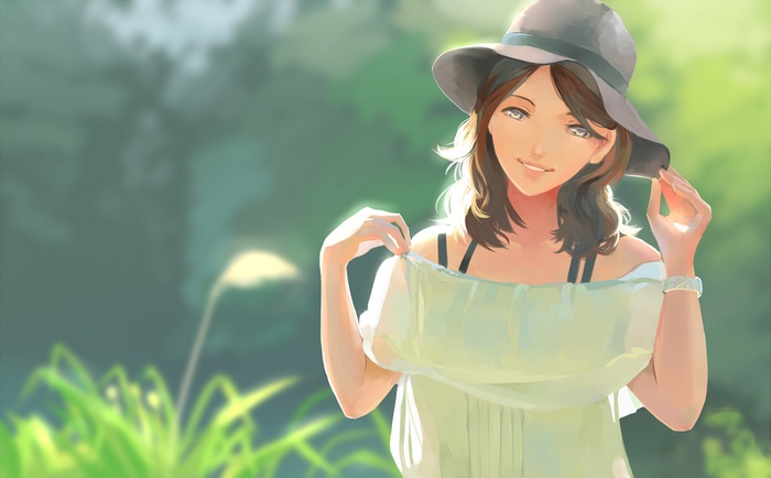 Anime girl with brown hair wearing a hat and dress