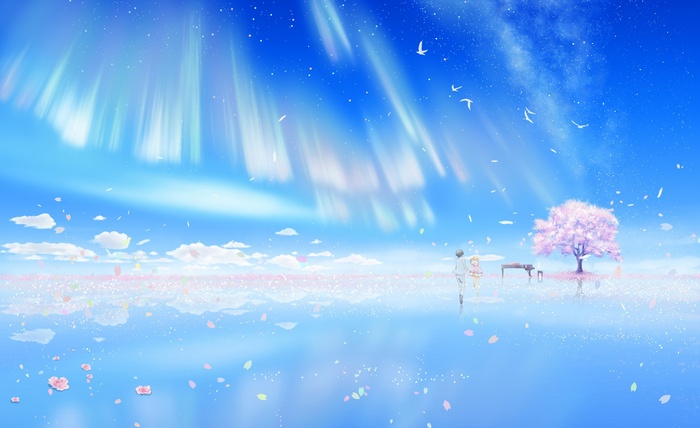 Arima Kousei and Miyazono Kaori under Aurora