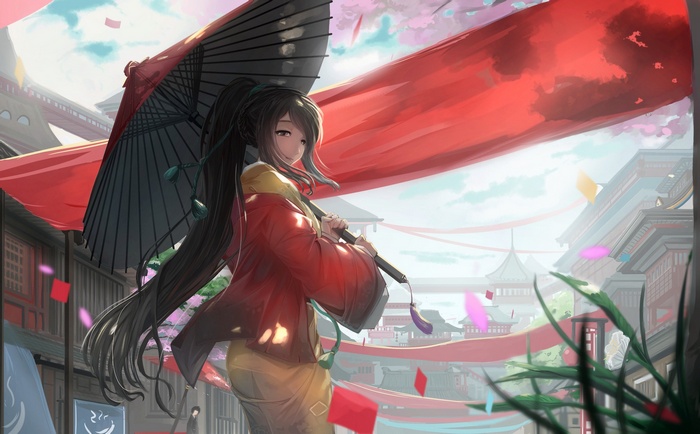 Anime girl with umbrella in a Japanese town
