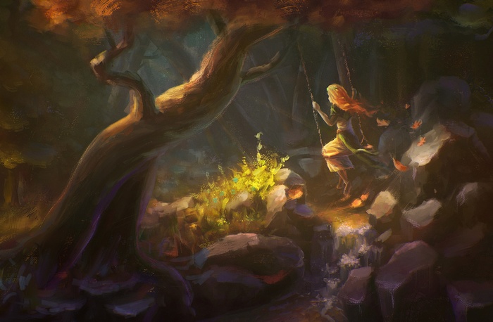Fantasy art of a girl on a swing in a forest