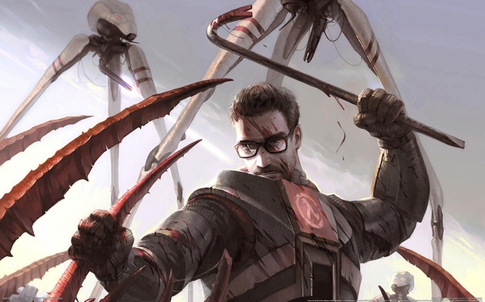 Gordon Freeman fighting Combine with a crowbar