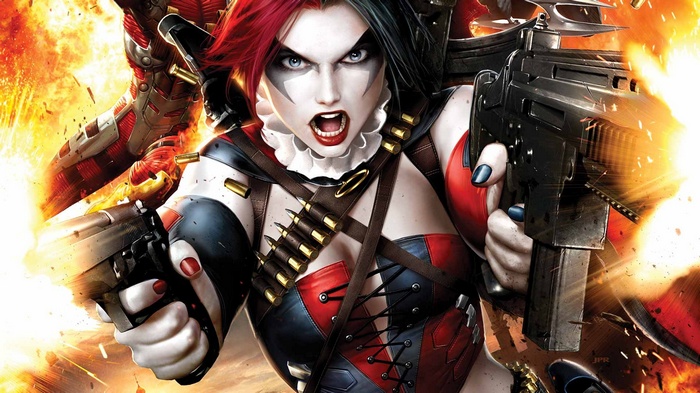 Harley Quinn firing guns with explosions