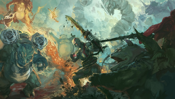 Kratos and Pokémon in a chaotic battle