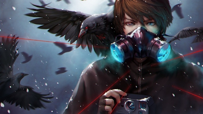 Anime boy with gas mask and crows