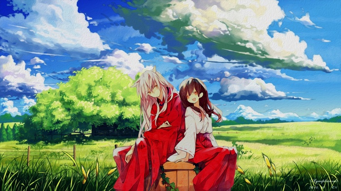 Inuyasha and Kagome sitting in a field