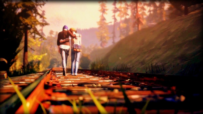 Max Caulfield and Chloe Price walk on train tracks