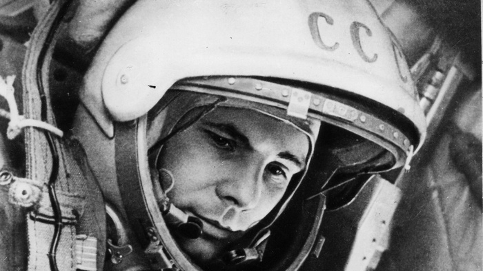 Yuri Gagarin in his USSR astronaut helmet