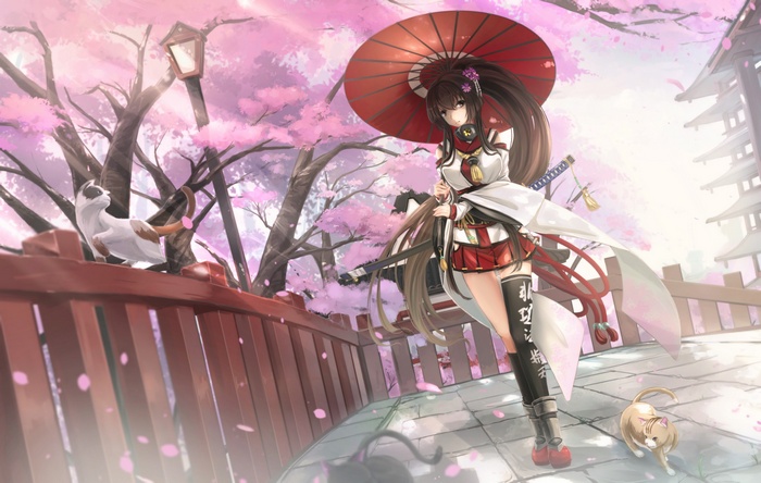 Yamato from Kantai Collection with umbrella and cats