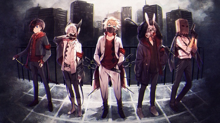crowbar, city, anime, anime boys, sword, mask, gas masks, night, short hair, blue eyes, gun, dark, headband, original characters, katana, knife, futuristic