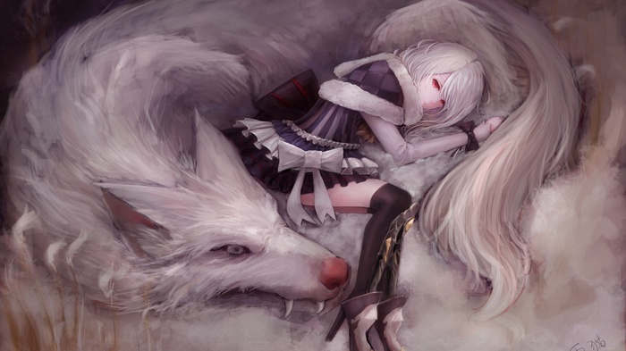 anime girls, animals, red eyes, fantasy art, wolf