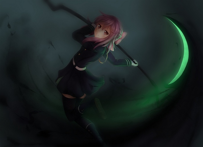 Hiiragi Shinoa with a glowing scythe from Owari No Seraph