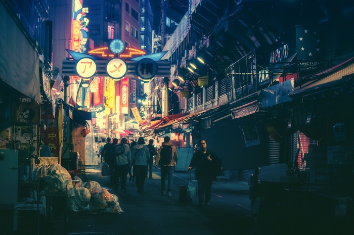 Night street in Japan with neon signs