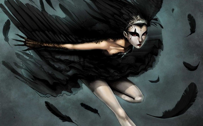 Black Swan character with black wings and feathers