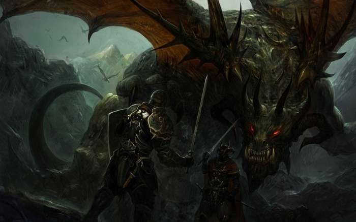Dragon and knights in a mountain landscape