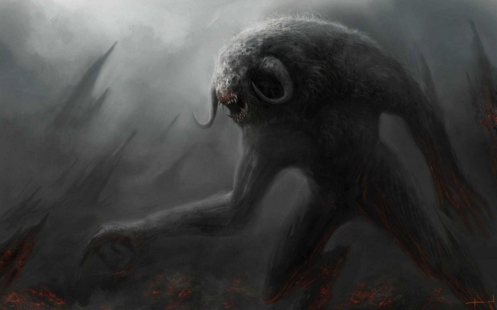 Fantasy art of a monstrous creature in a desolate landscape