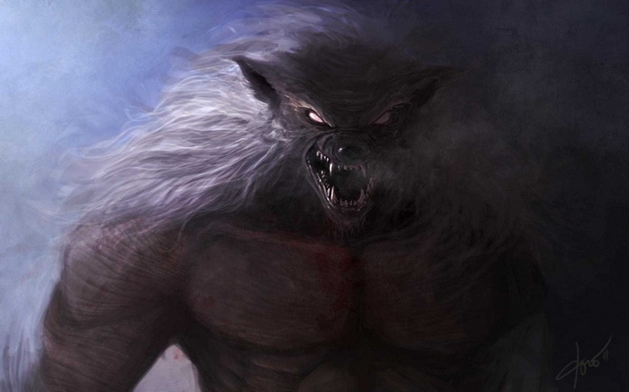 Werewolf with glowing eyes and sharp teeth