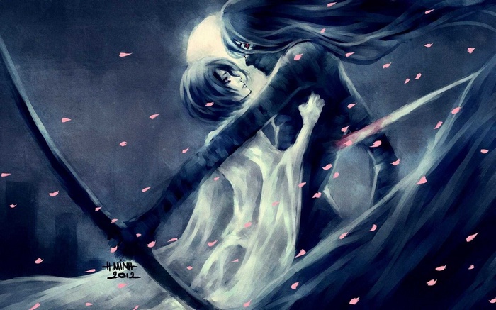 Bleach: Ichigo and Rukia embrace amidst falling petals
