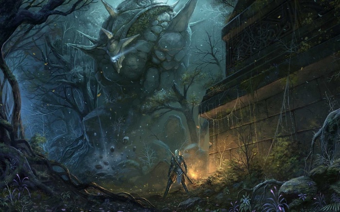 Giant stone creature in a dark forest with a warrior