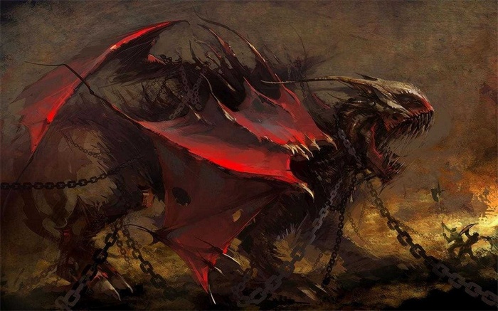 Chained Dragon with Red Wings in Fantasy Art