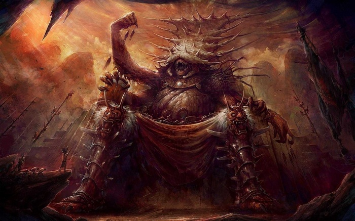 A monstrous creature sits on a throne in a dark cave