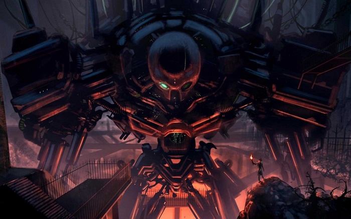Giant robot with glowing eyes and a small figure holding a torch