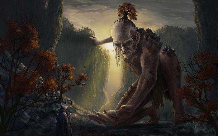 Giant holding a small creature with a wizard