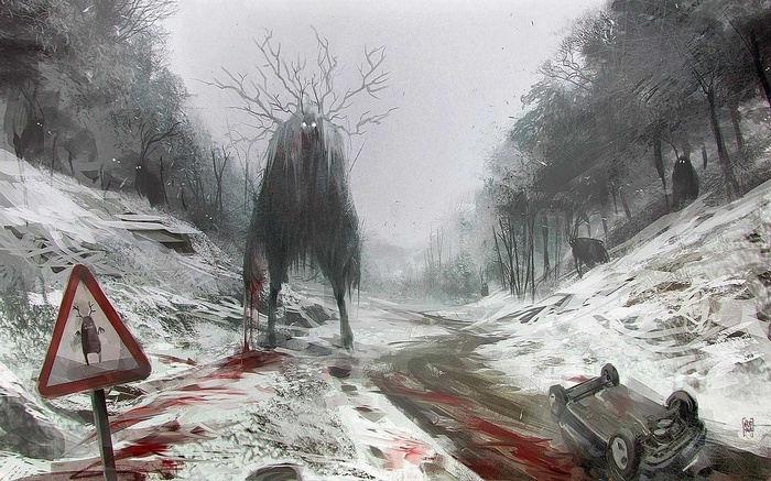 Fantasy art of a creature in a snowy forest