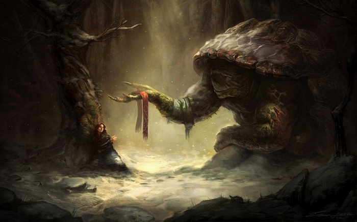 Dave Seeley's giant turtle and woman in forest
