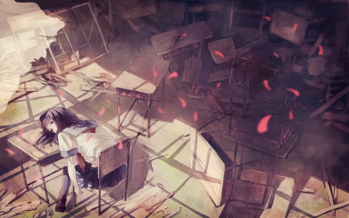 Anime girl in a destroyed classroom with desks