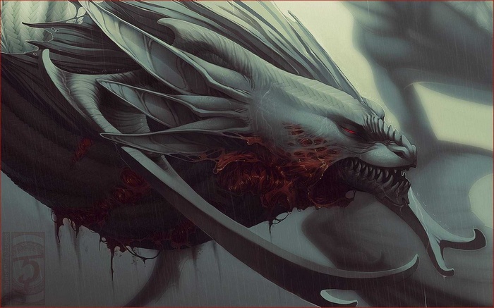A close-up of a monstrous dragon with red eyes