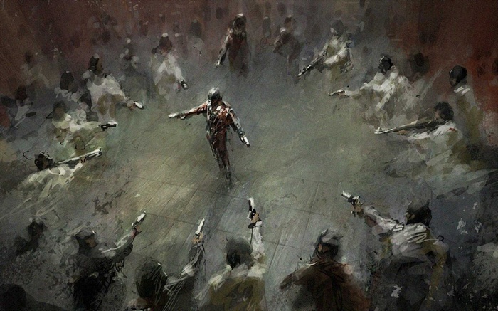 Fantasy art of a man surrounded by armed figures