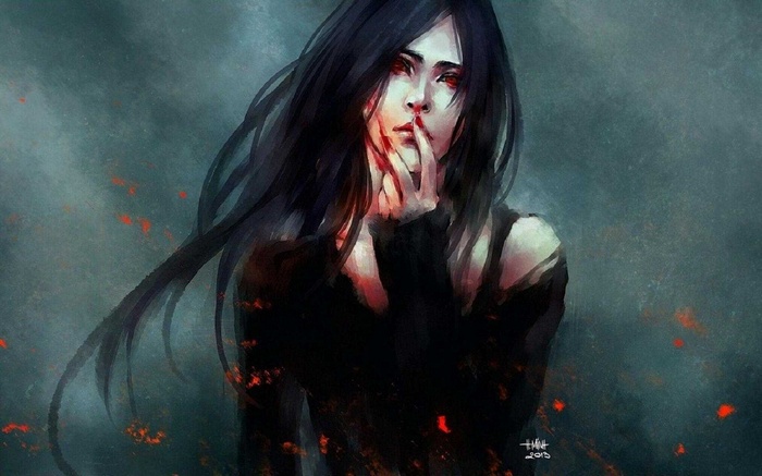 Fantasy art of a woman with red eyes