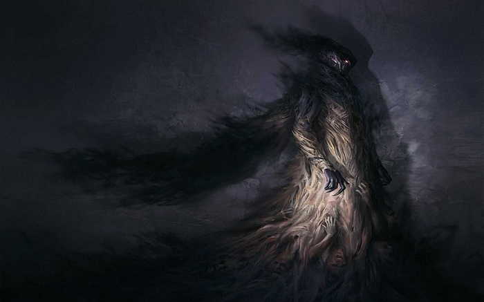 Fantasy art of a shadowy creature with red eyes