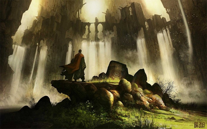 Man in orange cloak overlooking waterfalls and ancient ruins