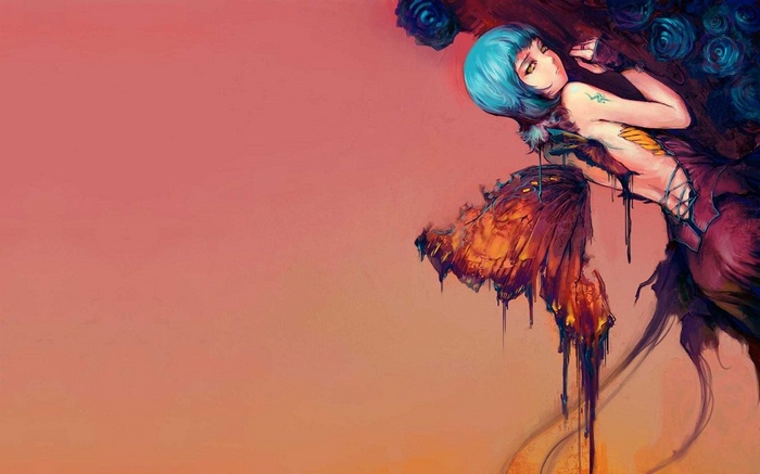 Fantasy art of a woman with blue hair and butterfly wings