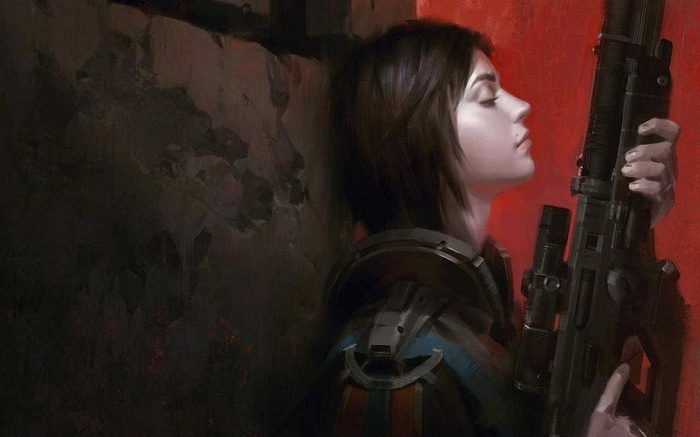 Woman holding a rifle leaning against a wall