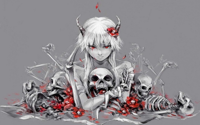 Anime girl with horns surrounded by skulls and bones
