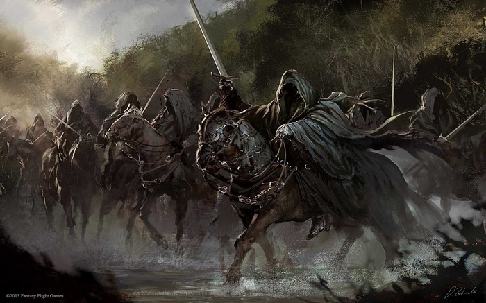 Nazgûl on horseback in a dark forest