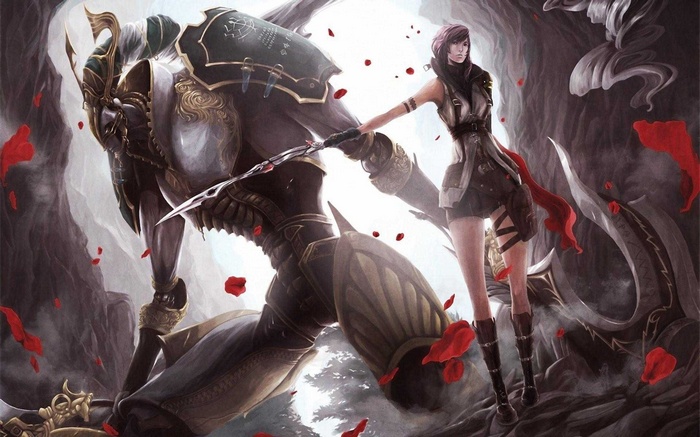 Lightning and a large armored creature in Final Fantasy XIII