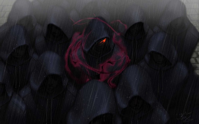 Hooded figures in the rain with a glowing figure