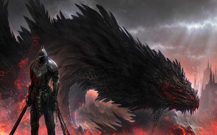 Knight and Black Dragon in Fiery Landscape