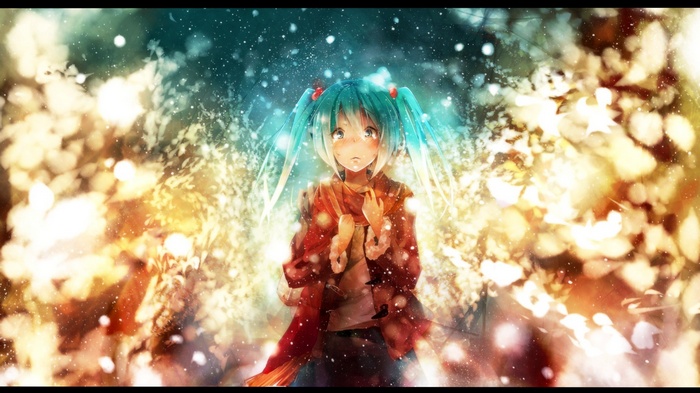Hatsune Miku in a snowy, glowing forest
