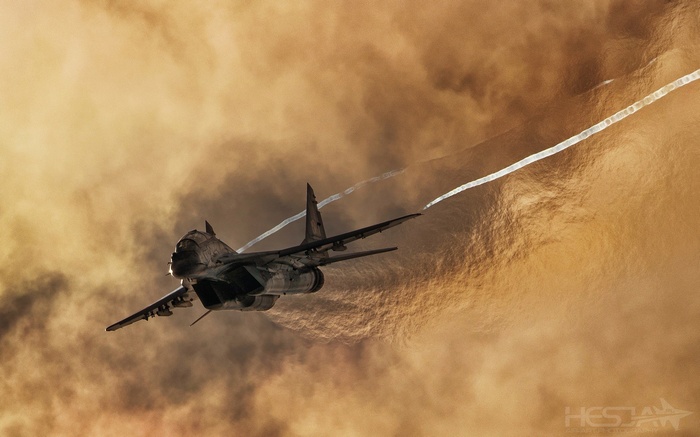 Mikoyan MiG-29 jet fighter flying through clouds