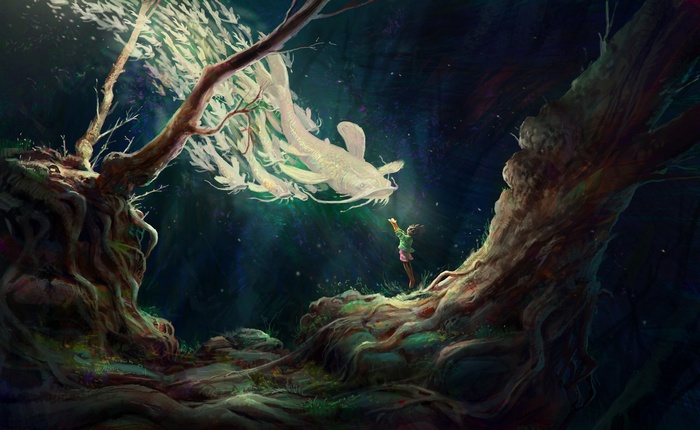 A girl reaches for a spirit fish in a mystical forest